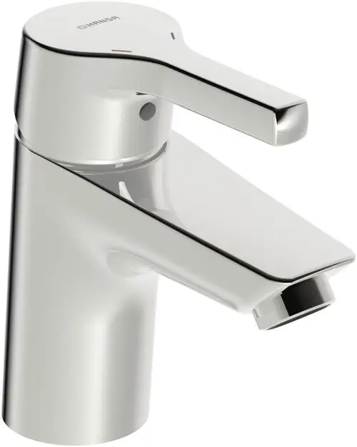 Einhebelmischer aus Chrom mit einem modernen Design, hergestellt von HANSA, mit einem Hebel zur Steuerung von Wasserfluss und Temperatur.